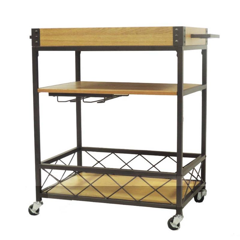 Kitchen Mobile Serving Bar Cart with Shelves and Wine Glass Holder Black/Brown - Benzara