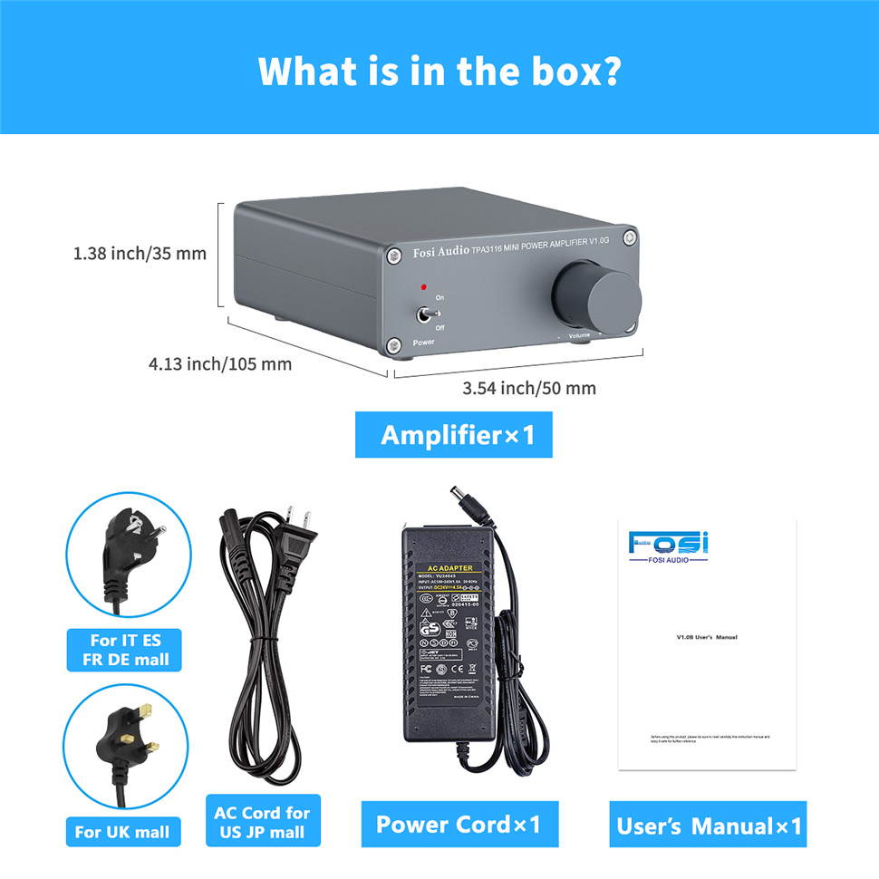 2 Channel Stereo Audio Class D Amplifier Mini Hi-Fi Professional Digital Amp for Home Speakers 50W x 2 - V1.0G