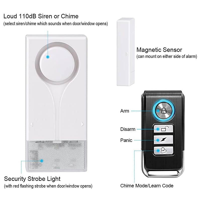 Remote Door Alarm with Security Strobe Light, Door and Window Alarms Sensors for Home Security Kids Safety, Wireless Siren Strobe Alarm for Windows and Doors