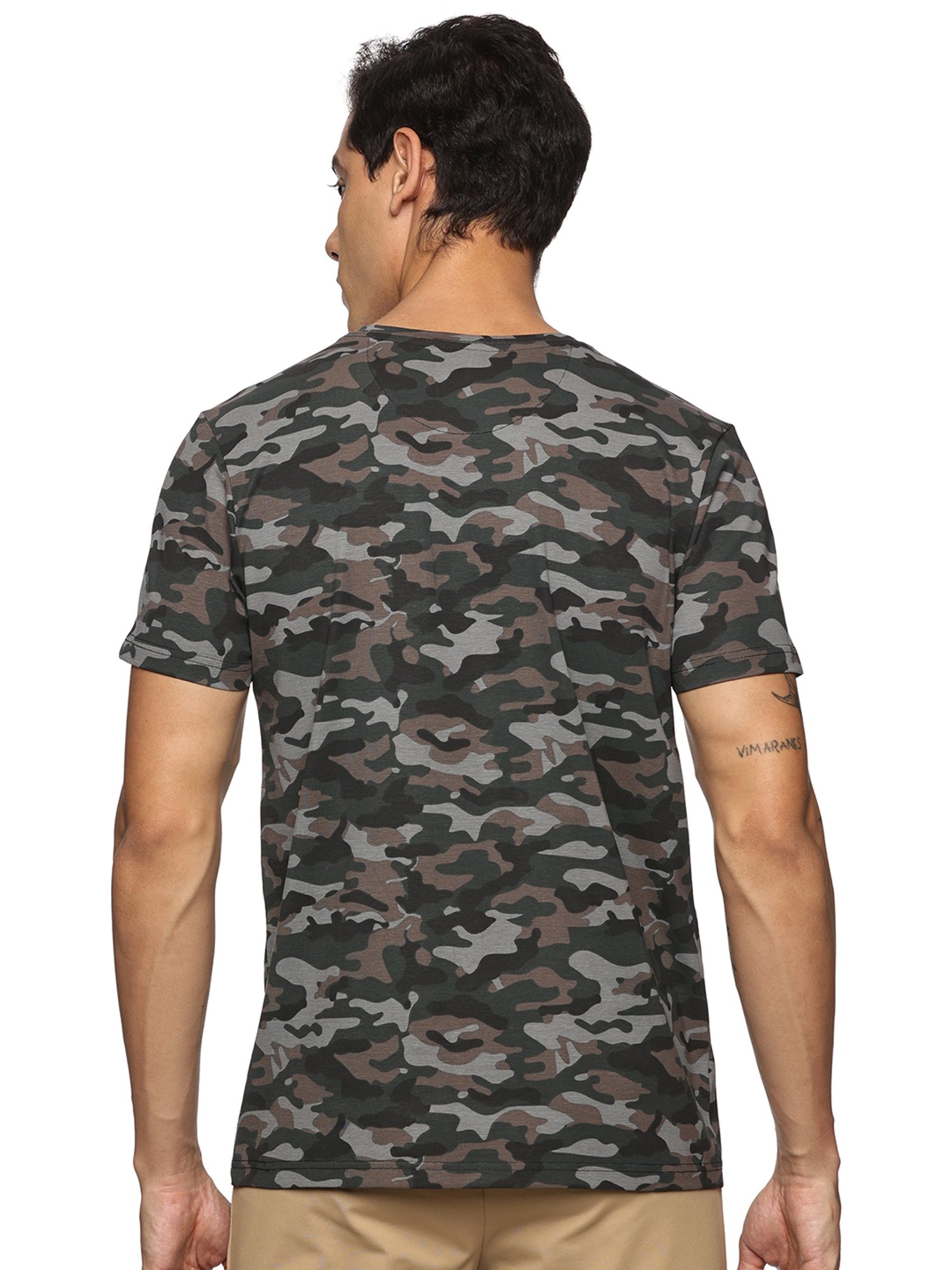 DOMIN8 Men Cotton Regular Fit Round Neck Camouflage Green Sports T-Shirt