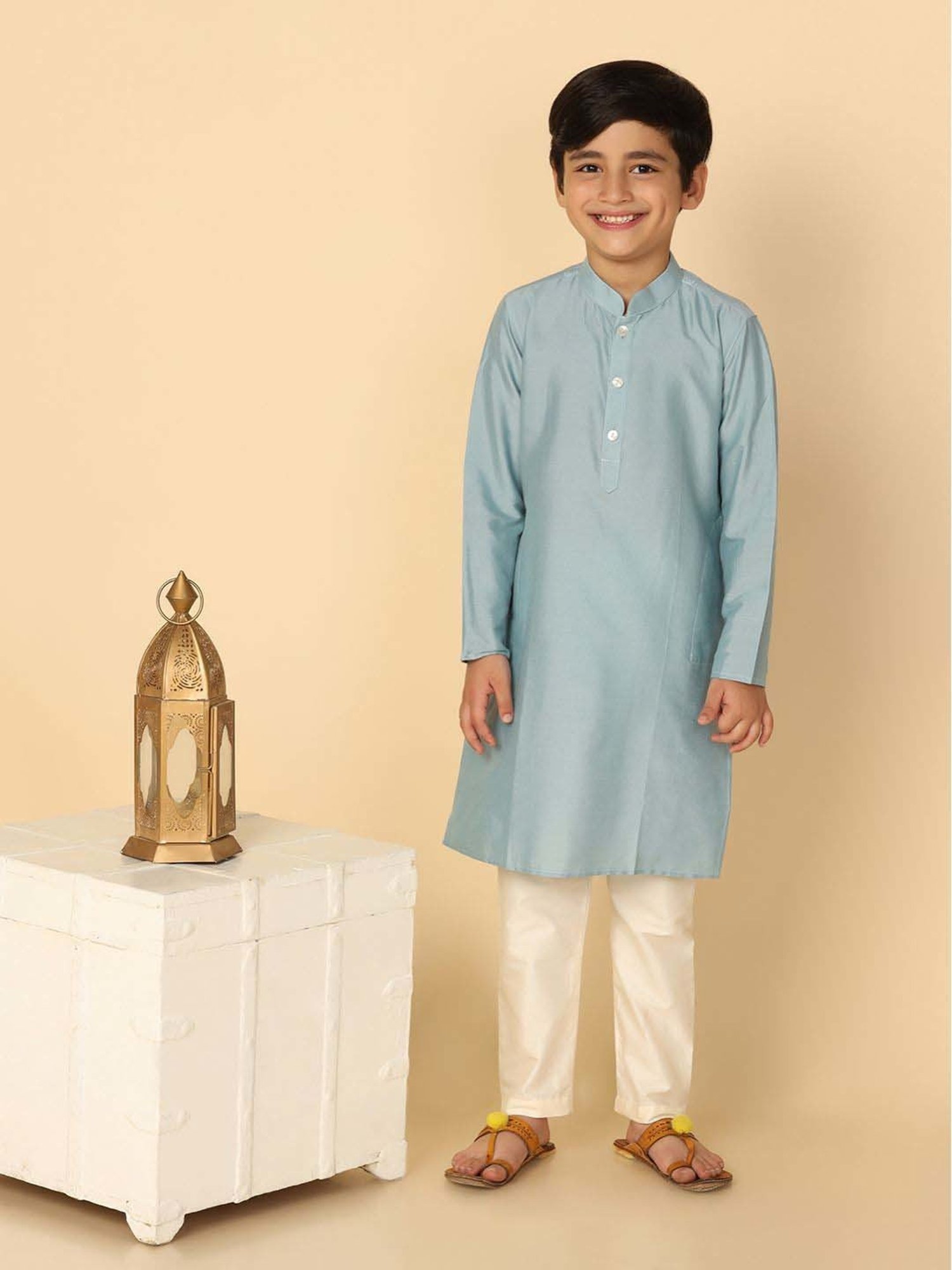 KISAH Kids Dirty Blue Cotton Regular Fit Full Sleeves Kurta