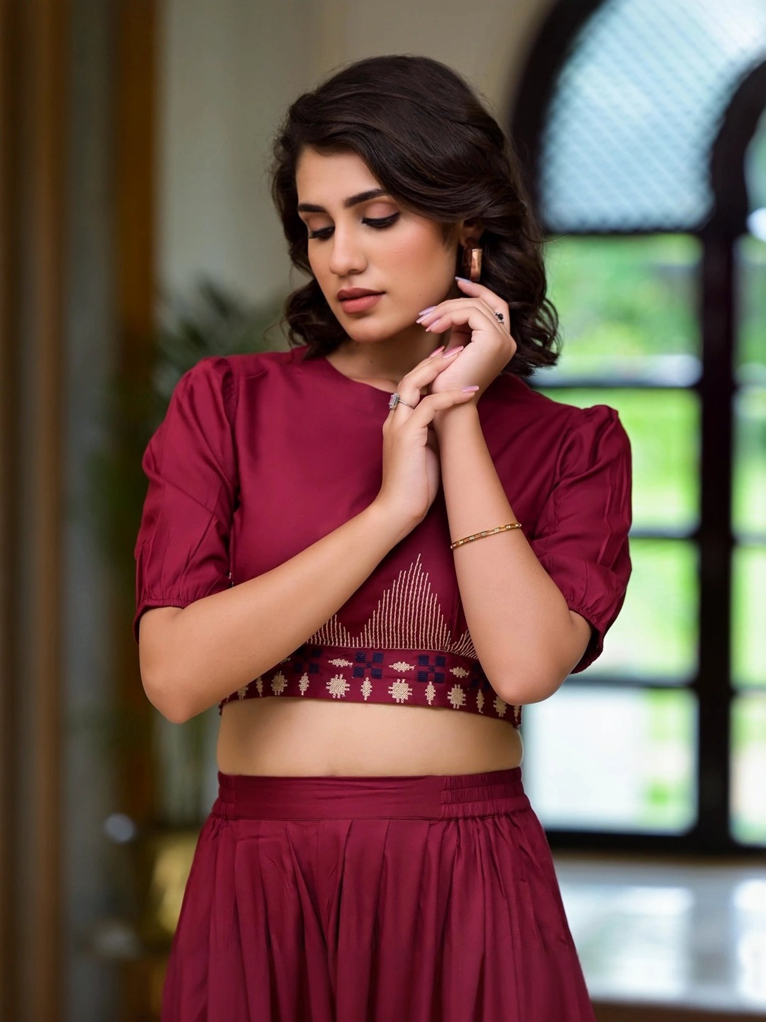 Juniper Maroon Embroidered Crop Top Dhoti Pant Set