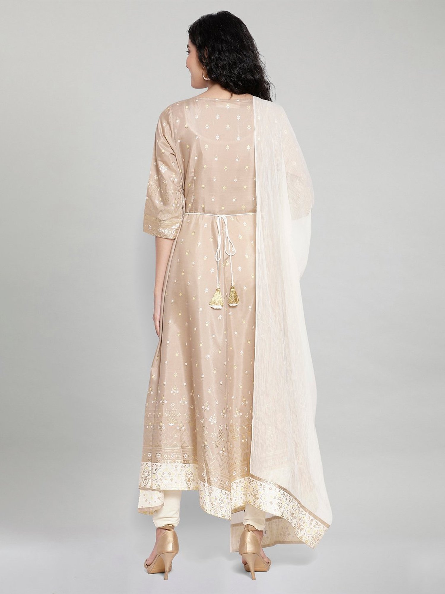Aurelia Beige Printed Kurta & Tight With Dupatta