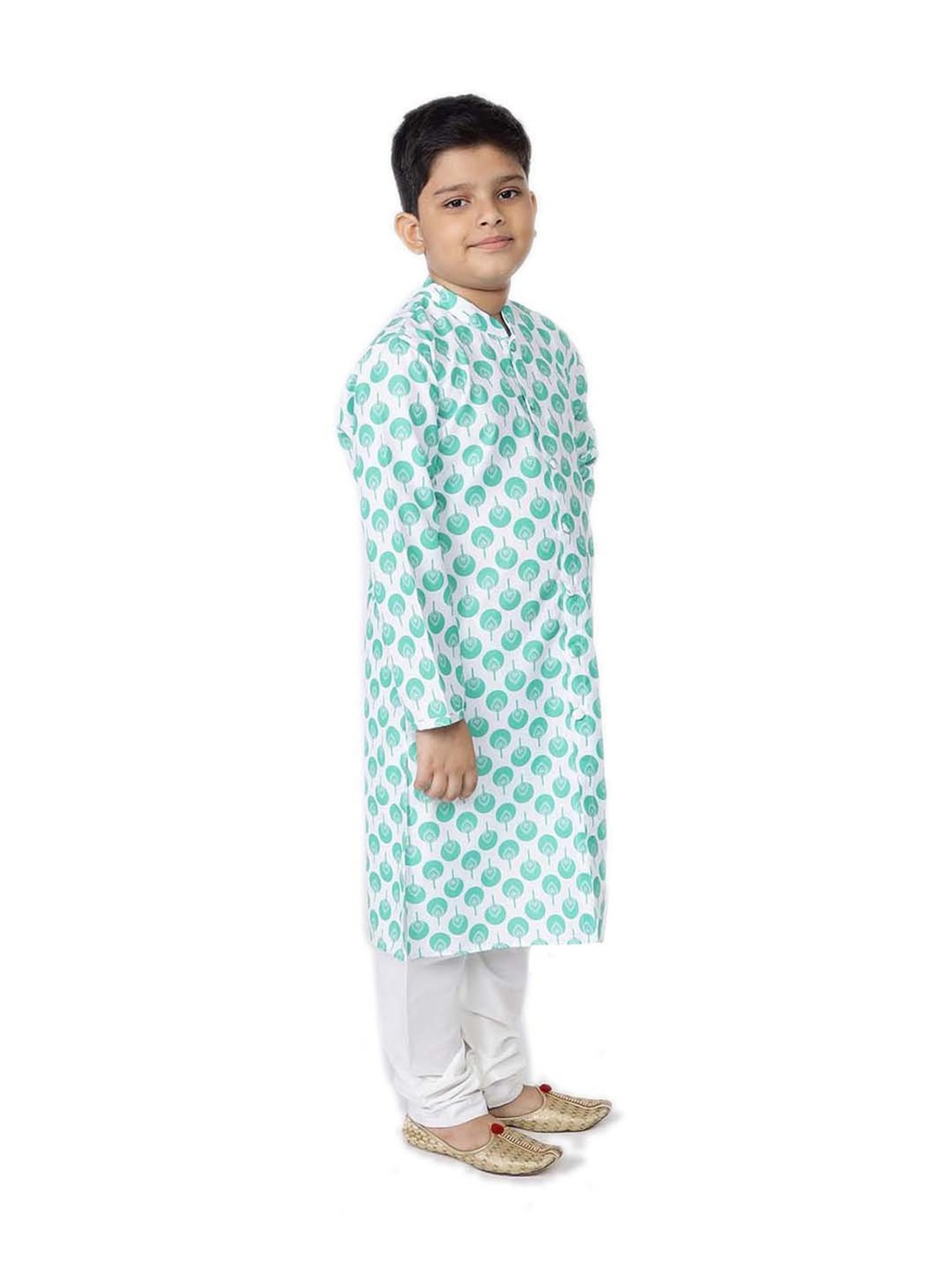 TABARD Kids Green & White Cotton Printed Kurta Set
