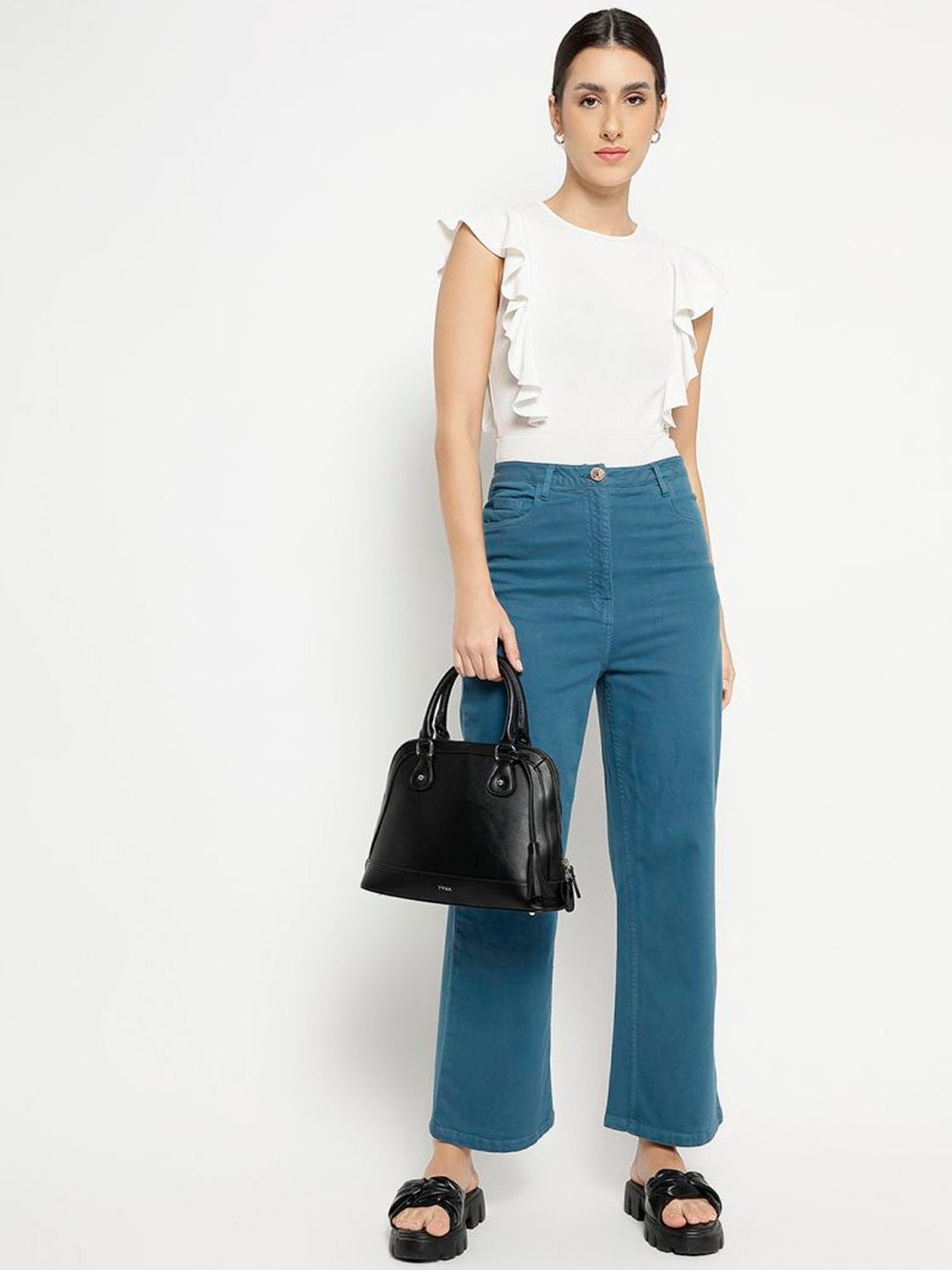 Tyra Iris Black Solid Faux Leather Handbag