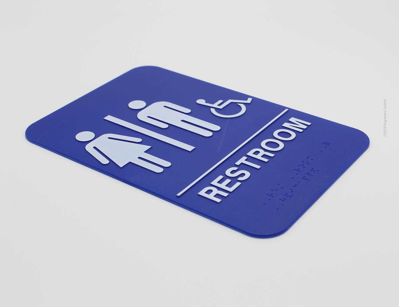 Unisex Braille Restroom Sign with a Wheelchair Icon for Handicap - 6x9 ADA Bathroom Sign with Double Sided Adhesive Tape on Back - (Blue Background)
