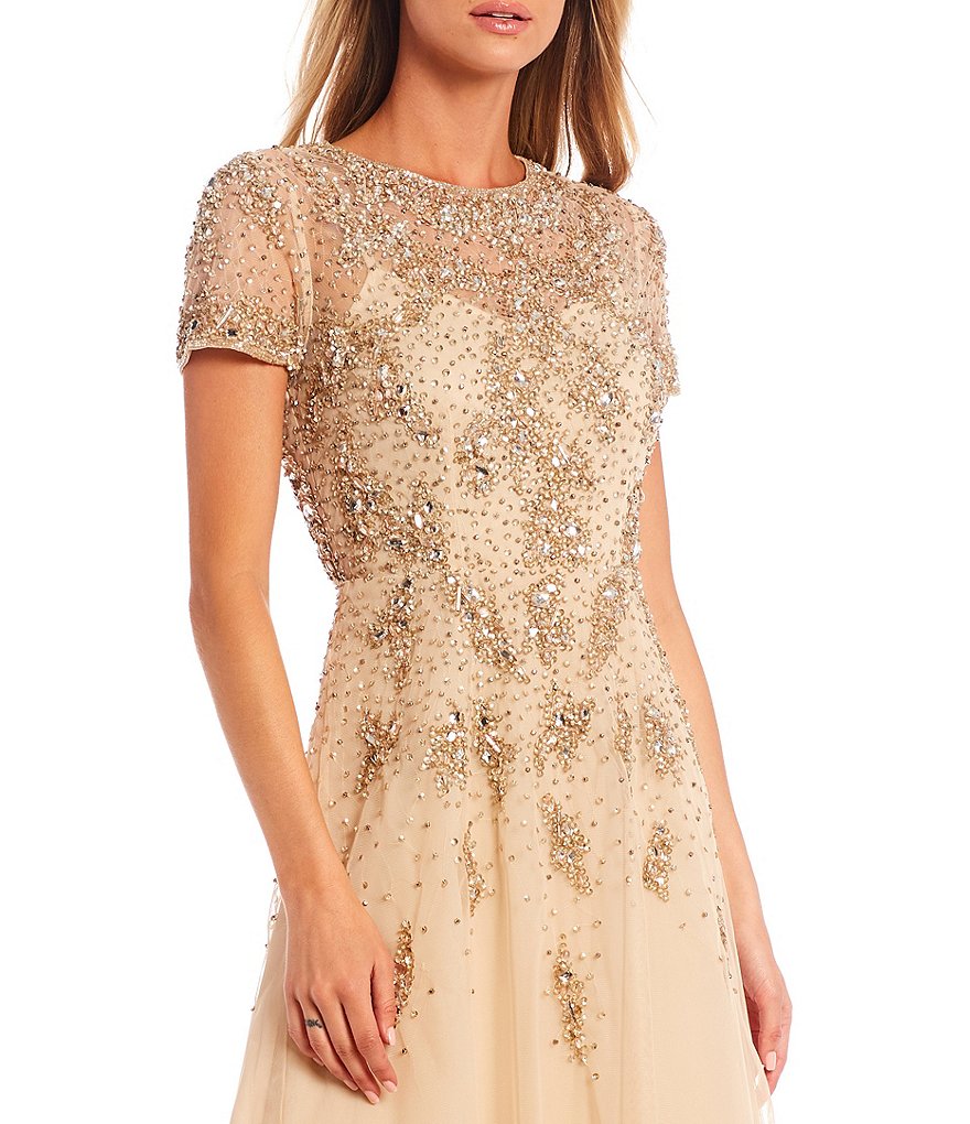 Aidan Mattox Crew Neck Short Sleeve Beaded Mesh Fit-and-Flare Midi Dress