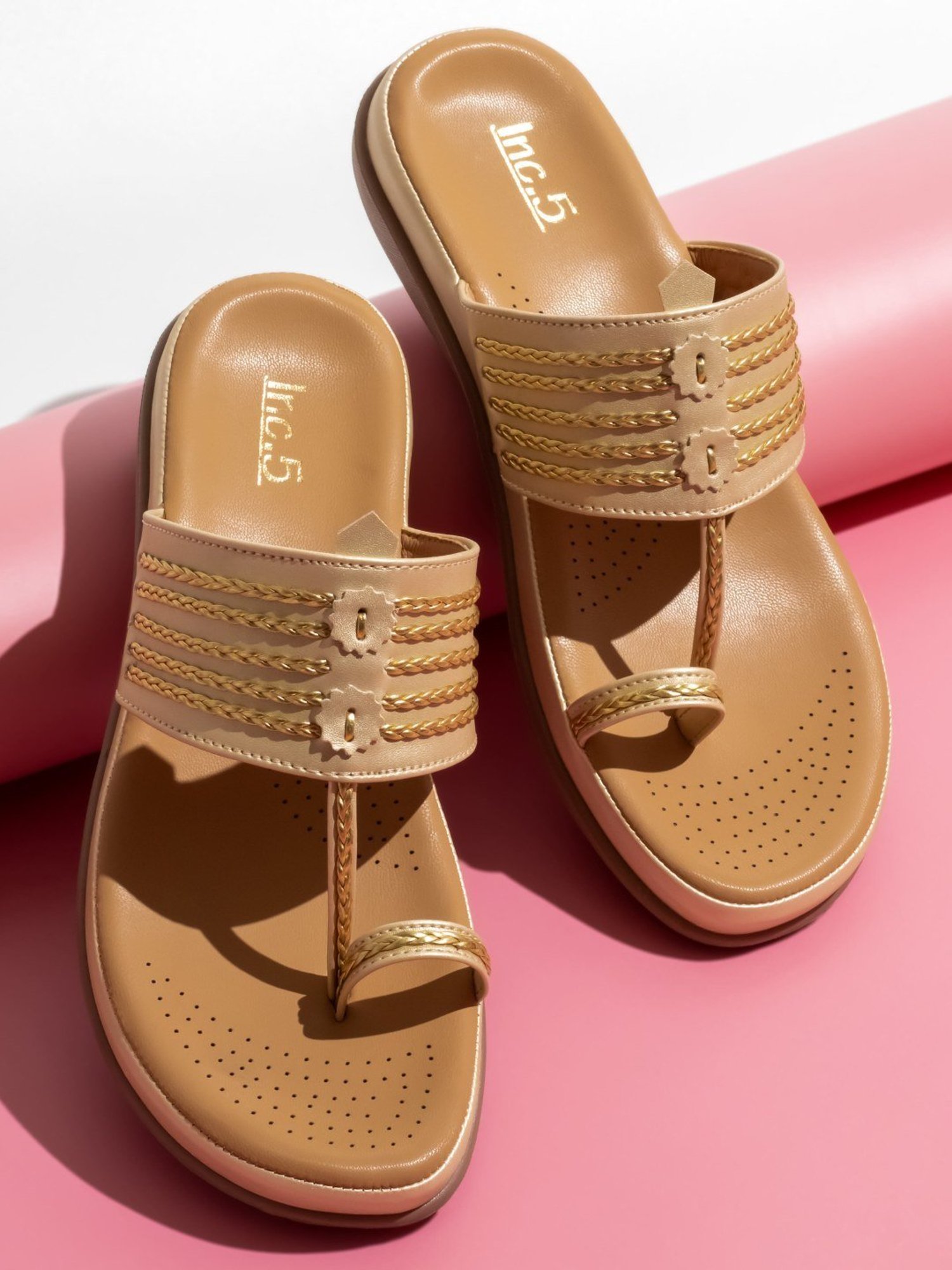 Inc.5 Women's Gold Kolhapuri Sandals