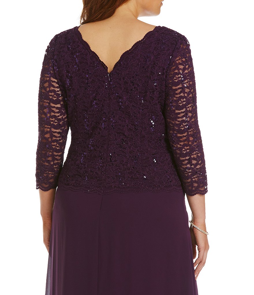 Alex Evenings Plus Size Boat Neck 3/4 Sleeve Sequin Lace Scalloped Hem Bodice Chiffon Skirted Dress