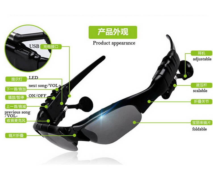 Wireless Flip-up Bluetooth Sunglasses Headset Stereo MP3 Music Glasses Earphone Headphone for Phone Hands-free / Tablet PC