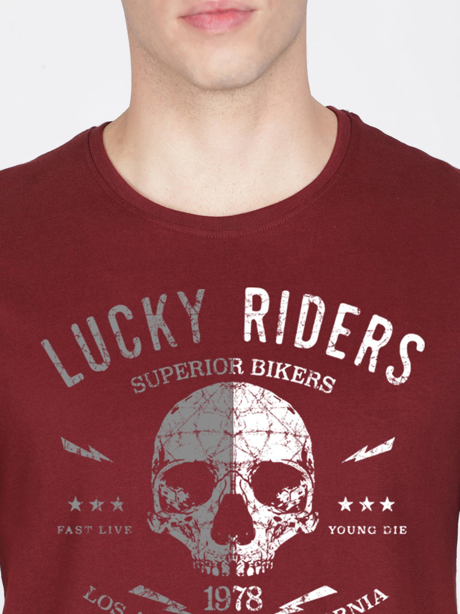 BLACK RADIO Maroon Slim Fit Printed Cotton Crew T-Shirt