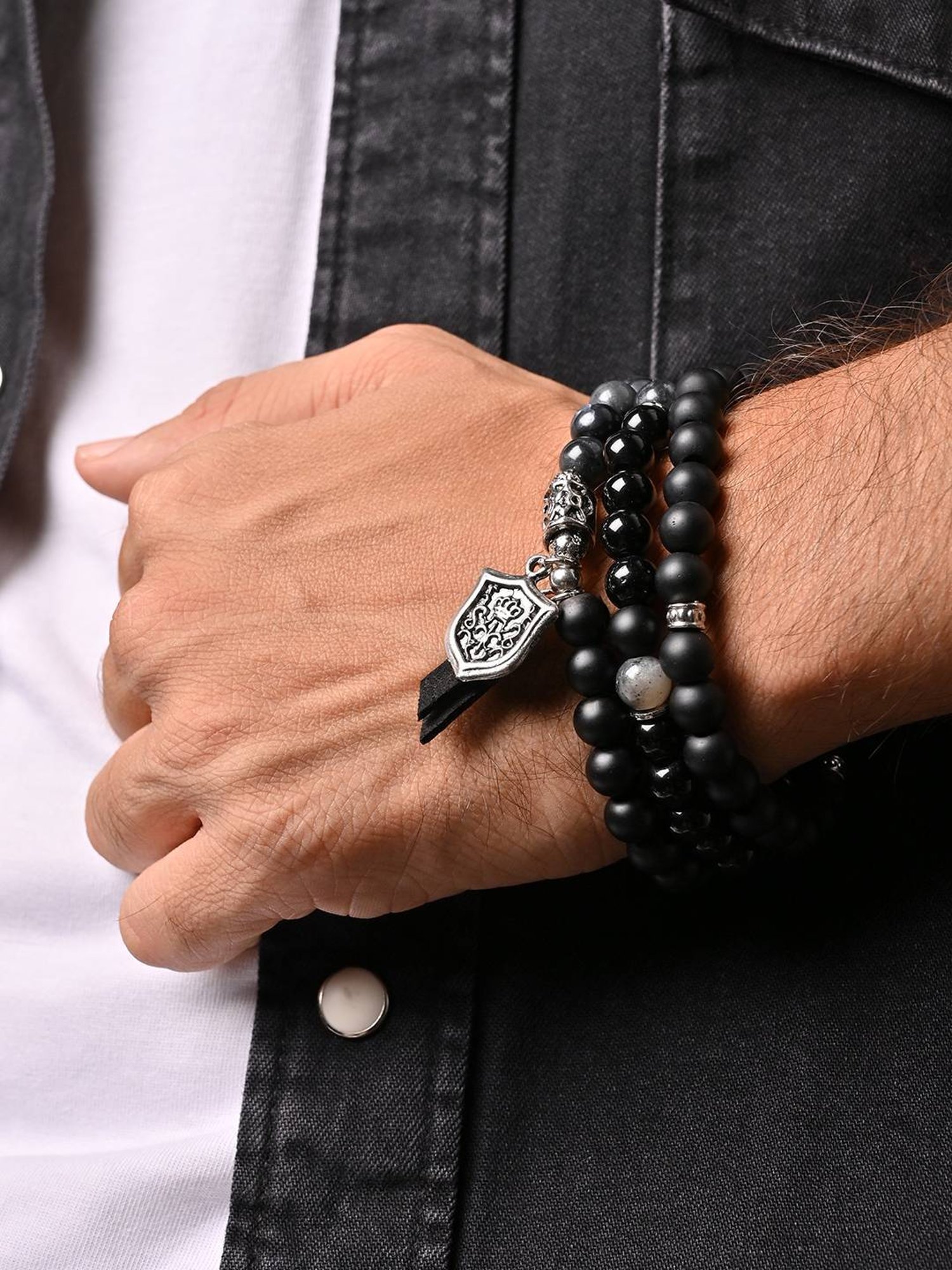The Bro Code Black Casual Party Men's Beaded with Charm Stack Bracelet - Set of 3