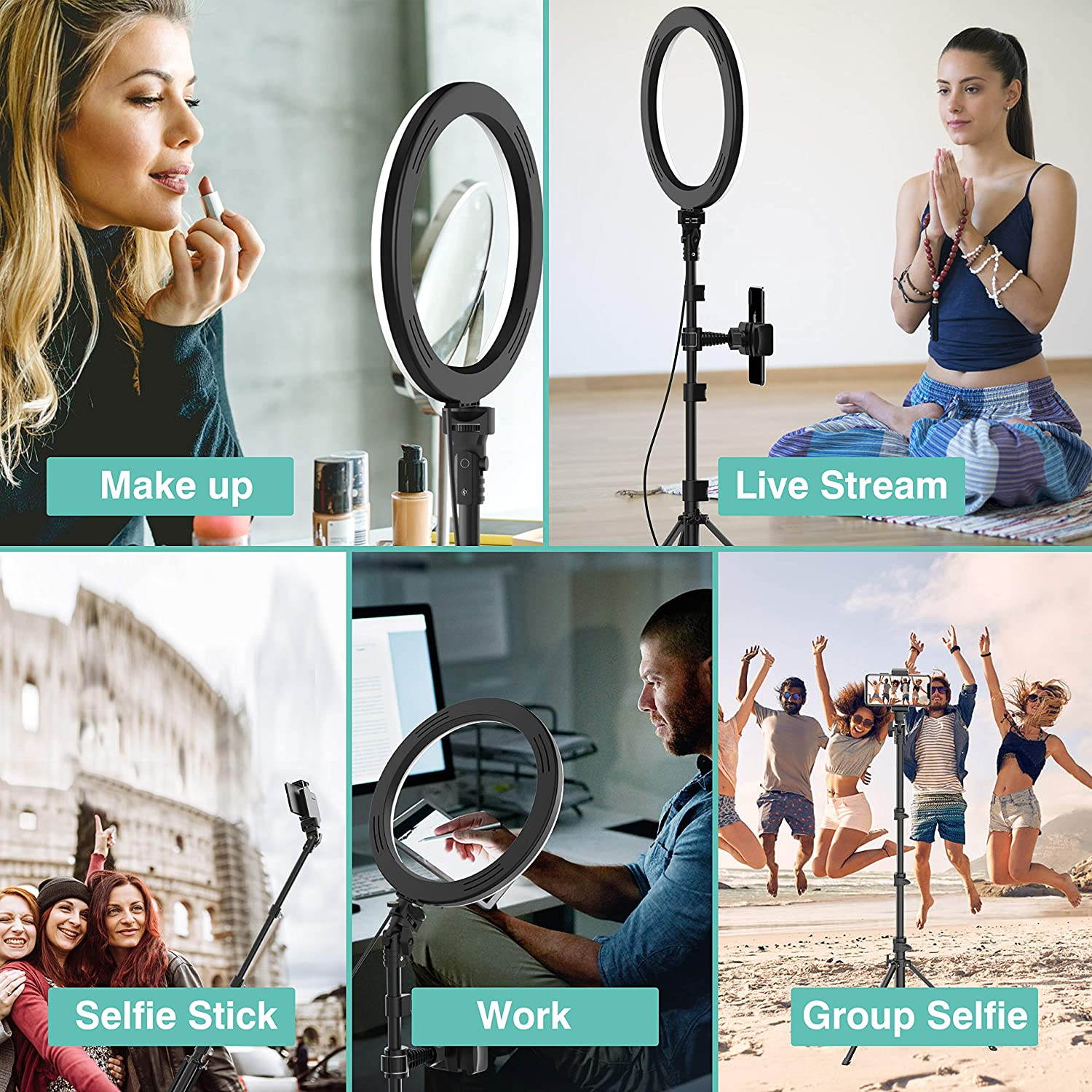 Roll over image to zoom in
10" Selfie Ring Light with Tripod Stand & Phone Holder for Live Stream/Makeup, Dimmable Led Camera Beauty Ringlight for YouTube TikTok/Photography Compatible for iPhone and