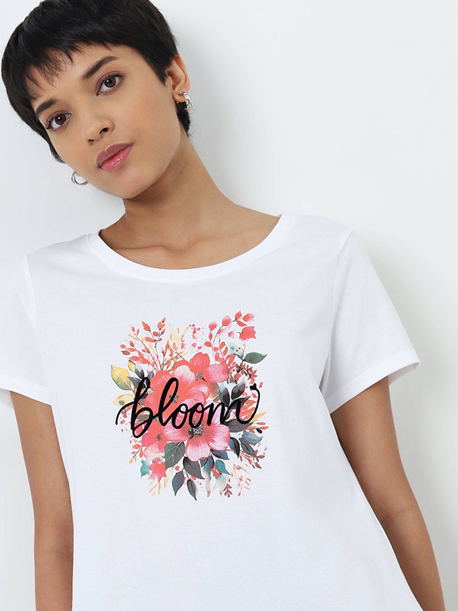 LOV by Westside White Floral Printed Cotton T-Shirt