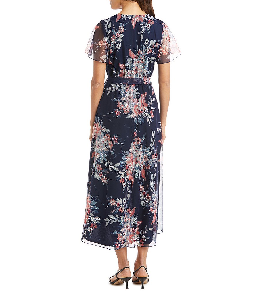 R & M Richards Flutter Sleeve Floral Ruffle Hi-Low Wrap Midi Dress