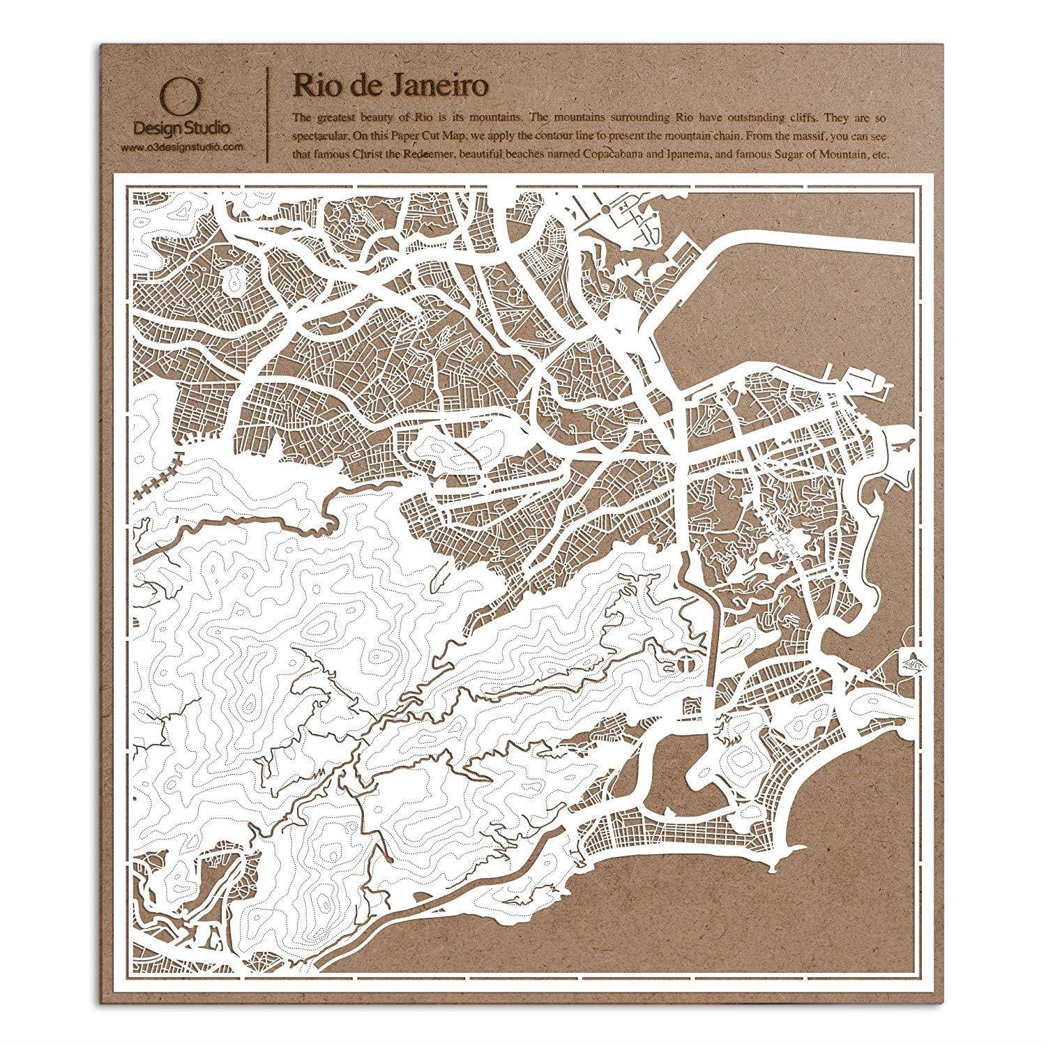Rio de Janeiro Paper Cut Map by O3 Design Studio White 12&times;12 inches Paper Art