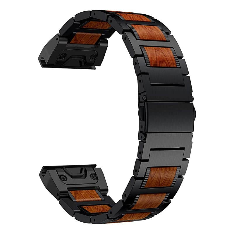 Fenix 6X5X Plus Band Natural Wood Red Sandalwood Black Stainless Steel Metal Watch Band 26mm Quick Fit Strap Compatible for Garmin Fenix 6X6X Pro5X5X Plus33HRDescent Mk1 Smartwatch