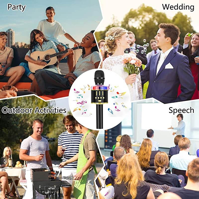 Karaoke Microphone for Kids & Adult, Handheld Wireless Bluetooth Karaoke Mic Speaker Music Player Recorder with LED Lights for Birthday Party, Wedding, Christmas