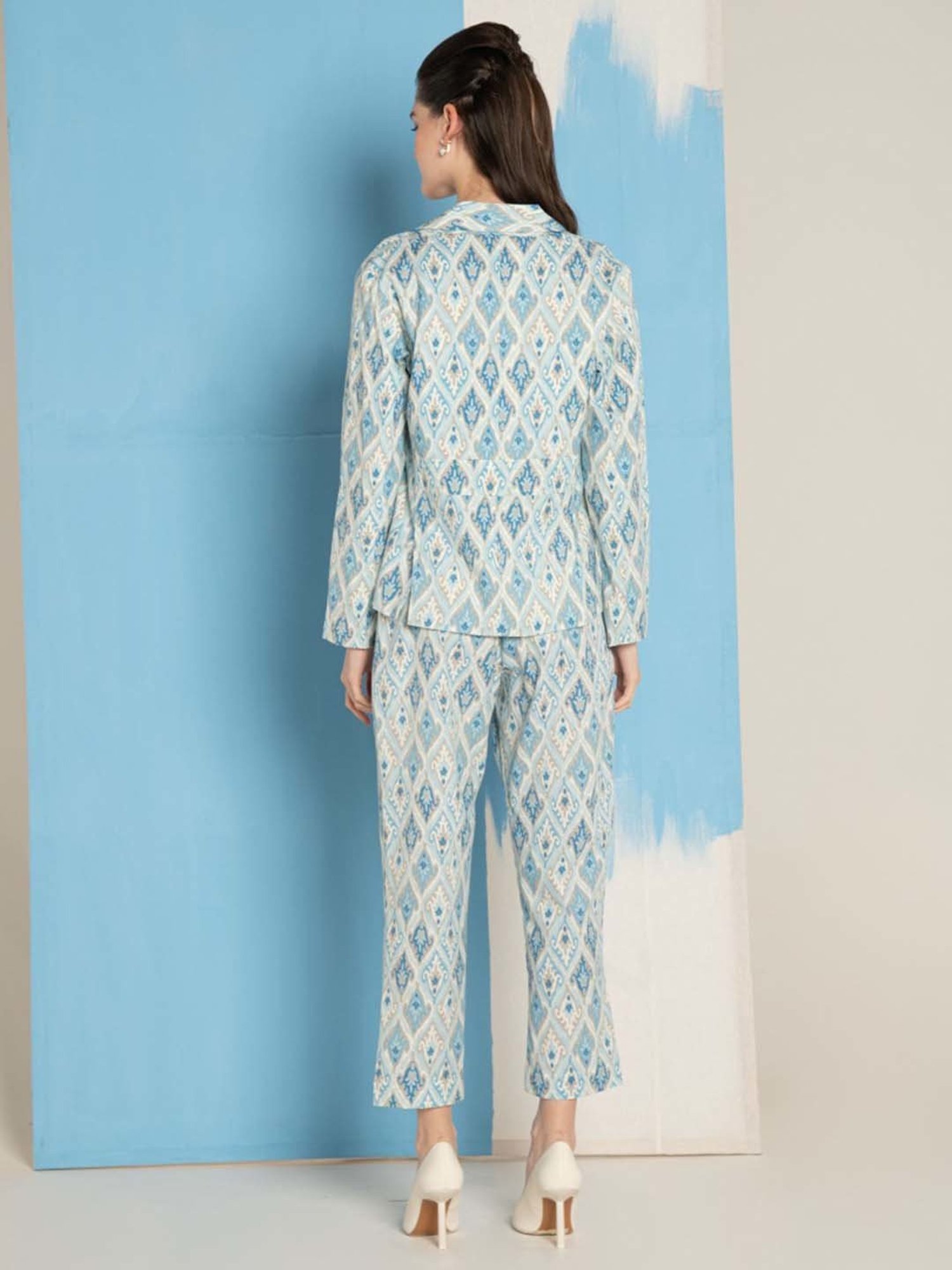 Ekohum Blue Cotton Flex Ikhat Print Coat with Cotton Flex Ikhat Print Pant Co-Ord Set