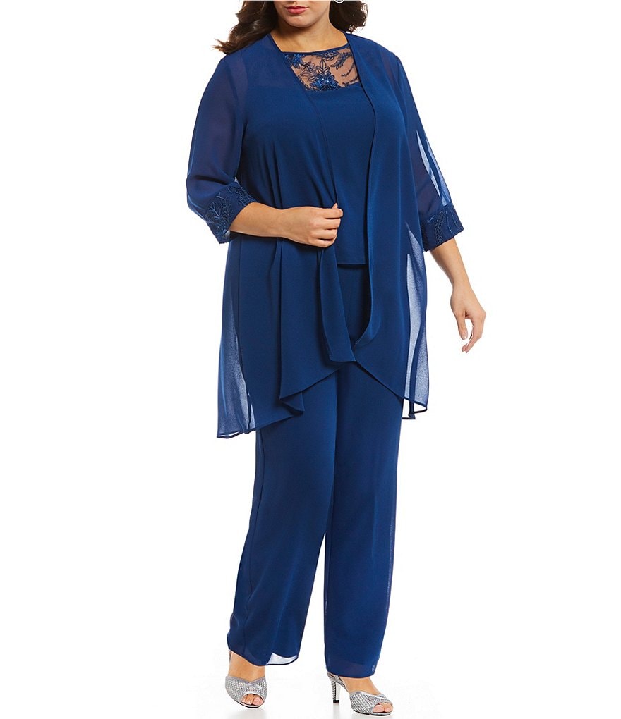 Le Bos Plus Size Crew Neck 3/4 Sleeve Chiffon Embroidered 3-Piece Pant Set