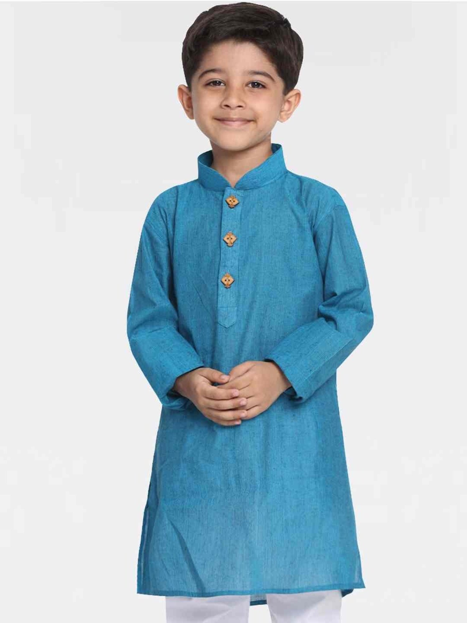 VASTRAMAY Kids Aqua Blue Cotton Striped Kurta
