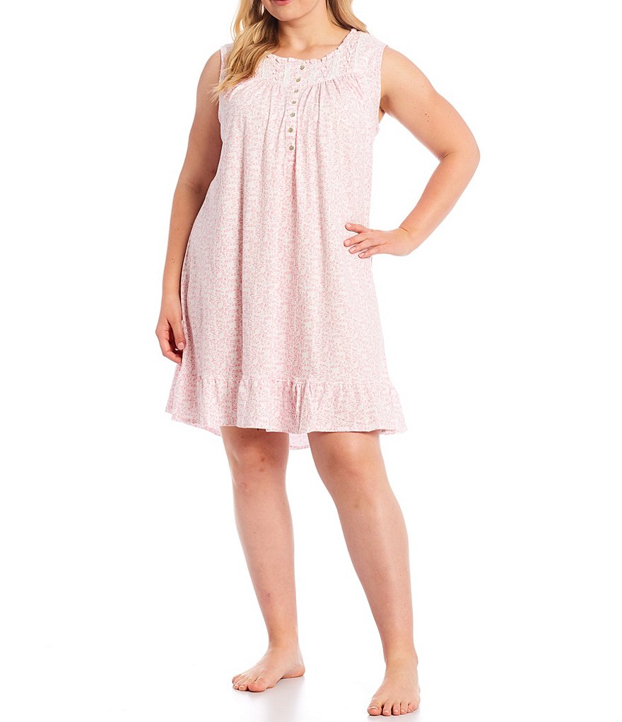 Eileen West Plus Scroll Floral Print Jersey Knit Sleeveless Nightgown