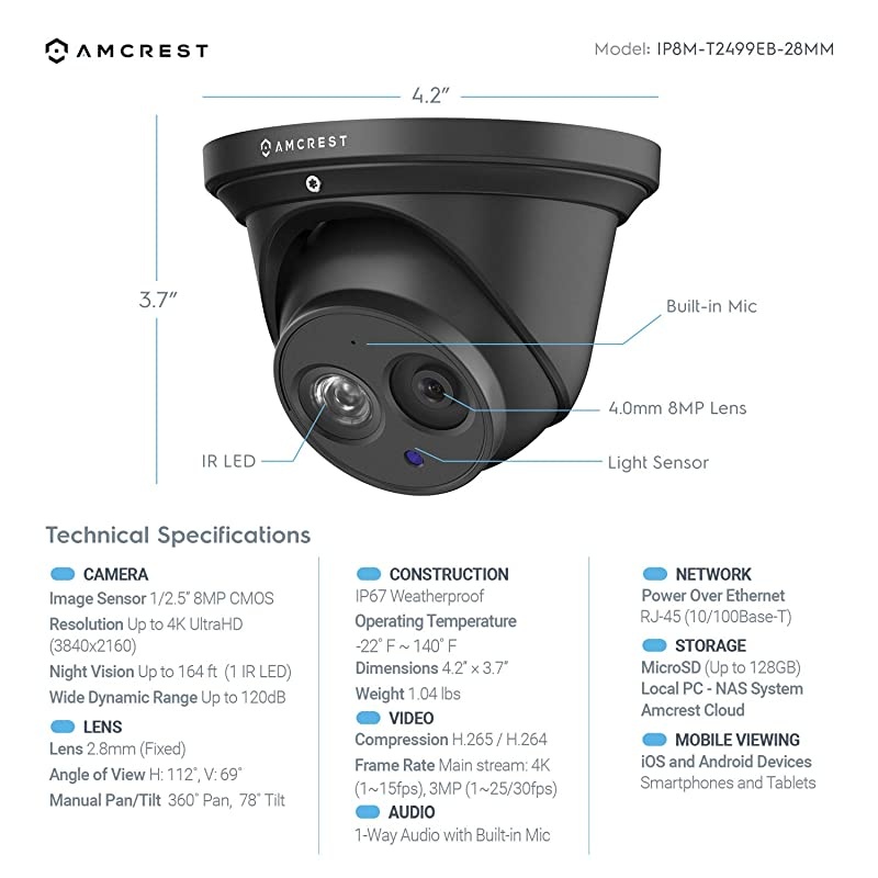 UltraHD 4K (8MP) Outdoor Security IP Turret PoE Camera, 3840x2160, 98ft NightVision, 2.8mm Lens, IP67 Weatherproof, MicroSD Recording (256GB), White