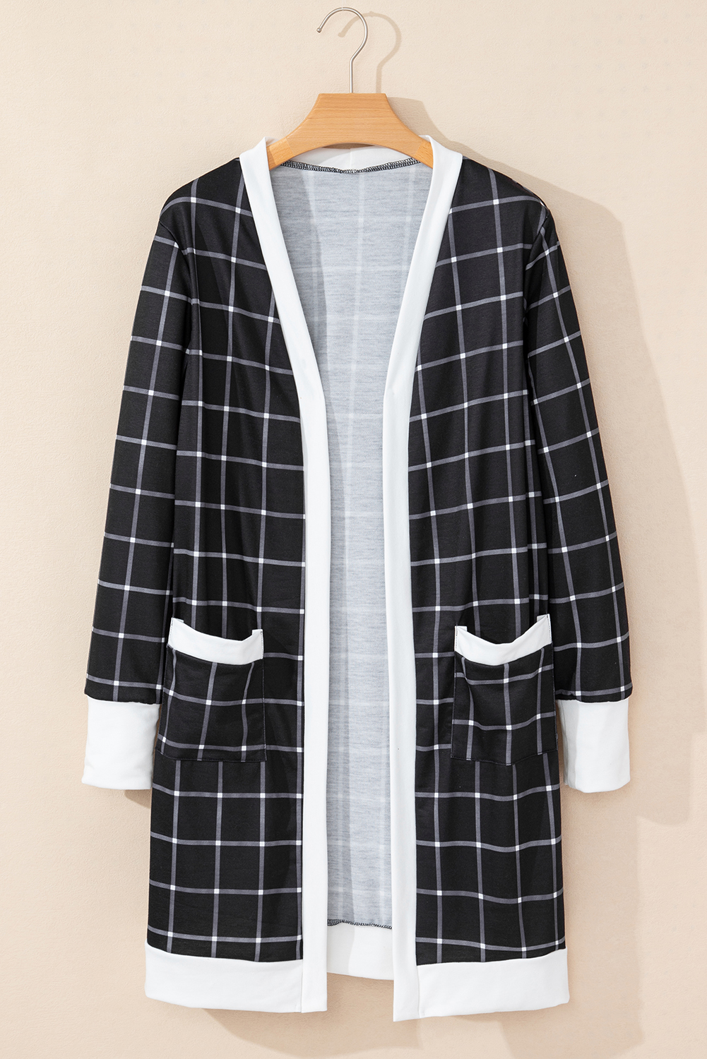 Black Plaid Casual Contrast Trim Knit Cardigan