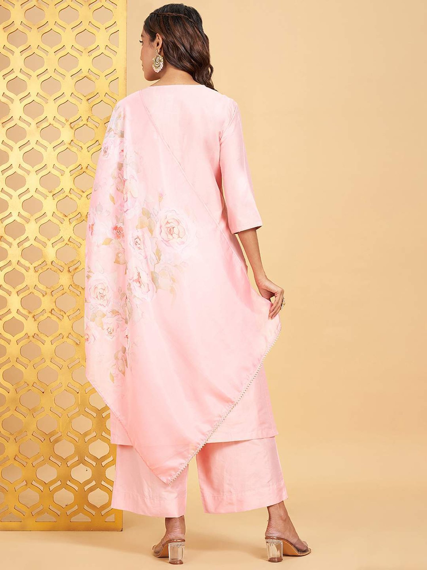 Rangmanch by Pantaloons Baby Pink Embroidered Kurta Palazzo Set With Dupatta