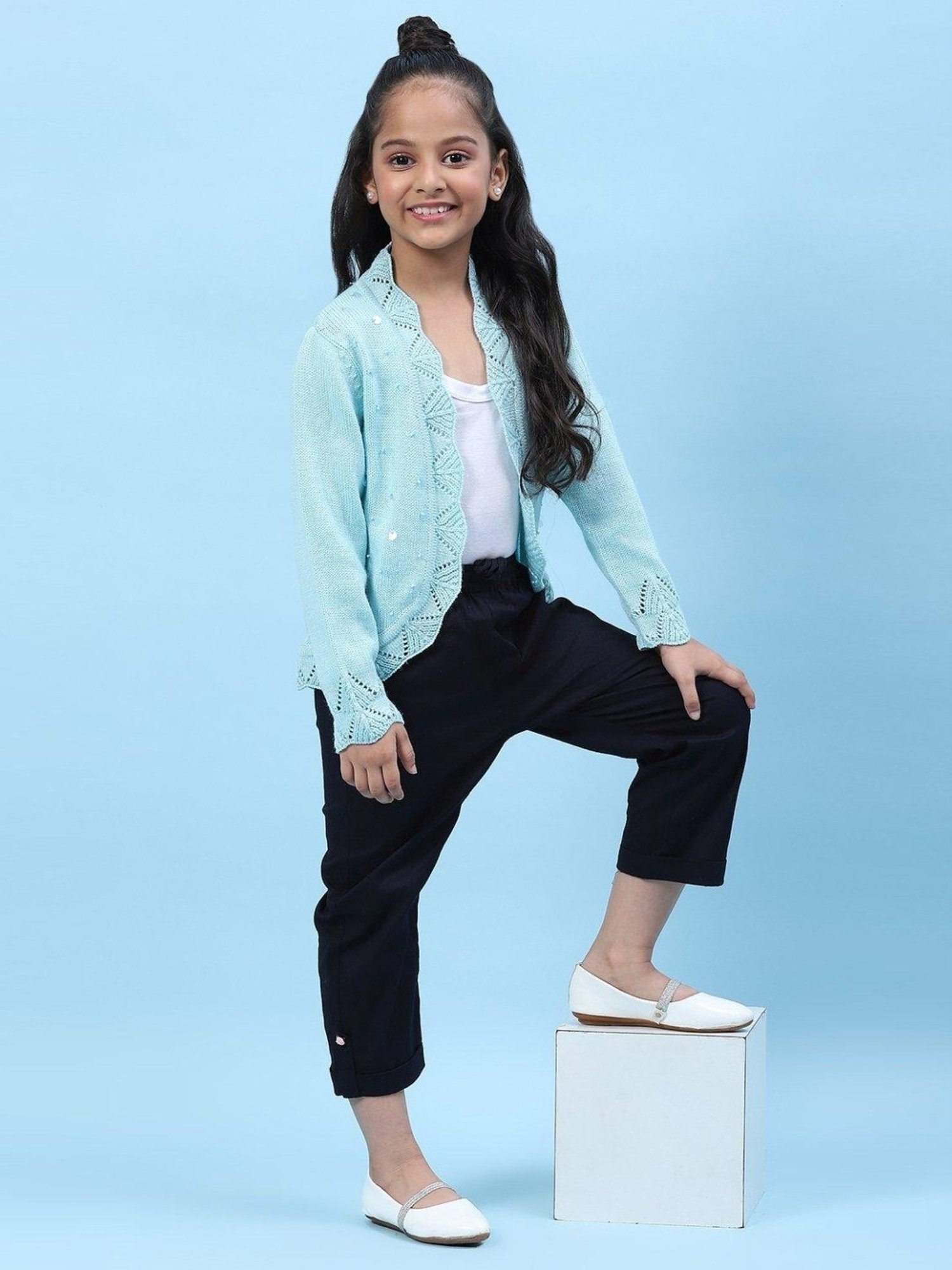 Biba Kids Powder Blue Embellished Full Sleeves Shrug