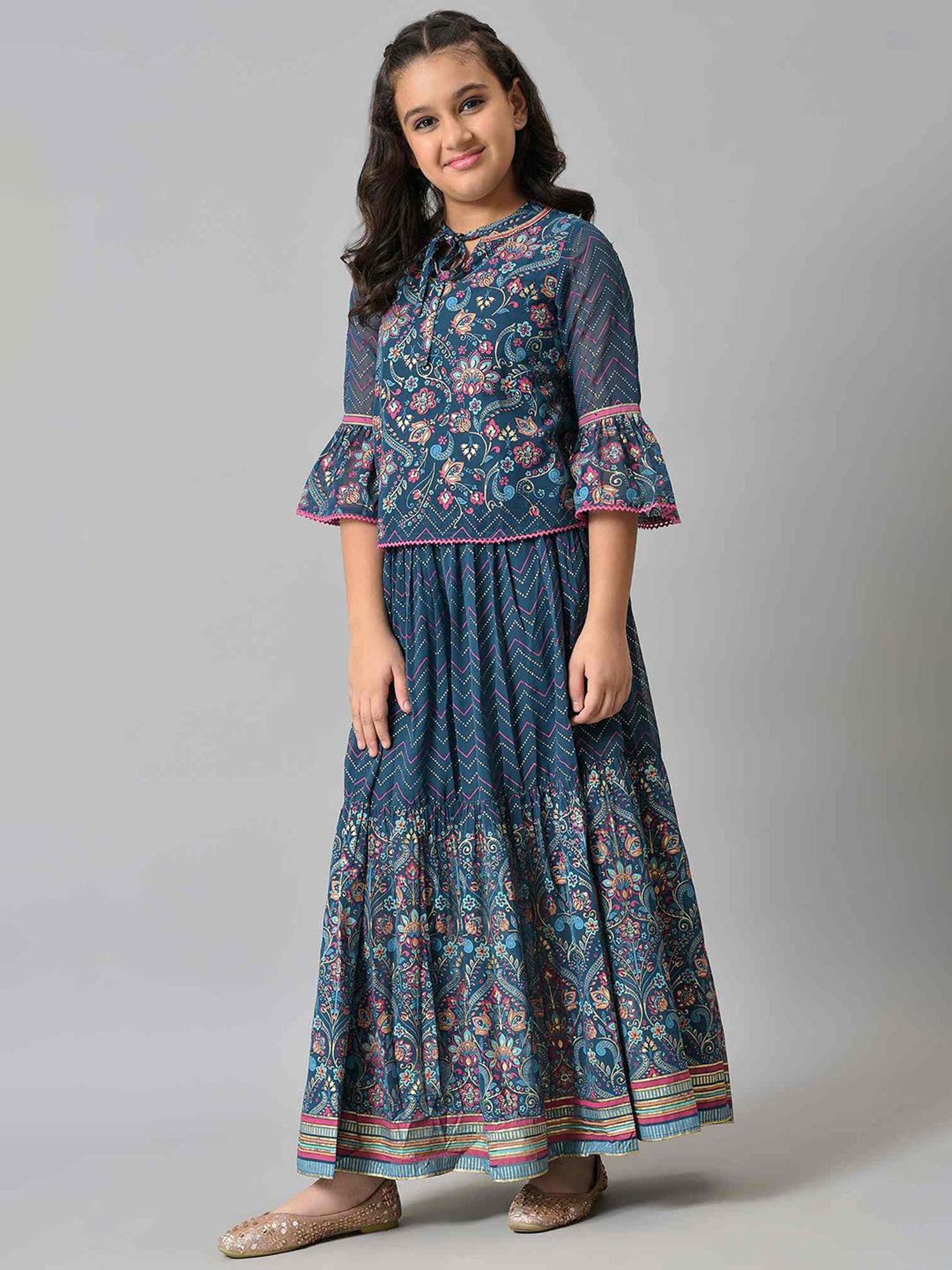 Aurelia Kids Dark Blue Floral Print Top with Skirt