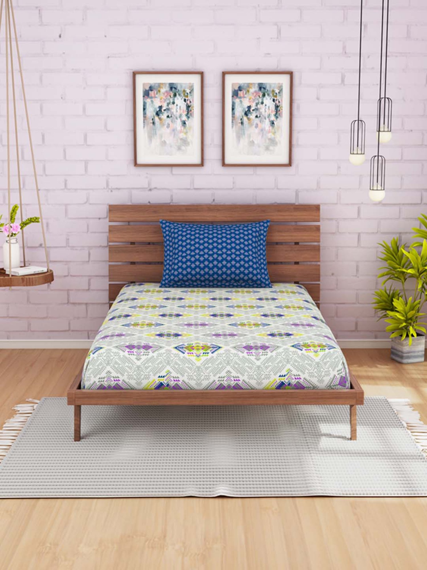 Spaces Atrium White & Blue Cotton 144 TC Bed Sheet Set