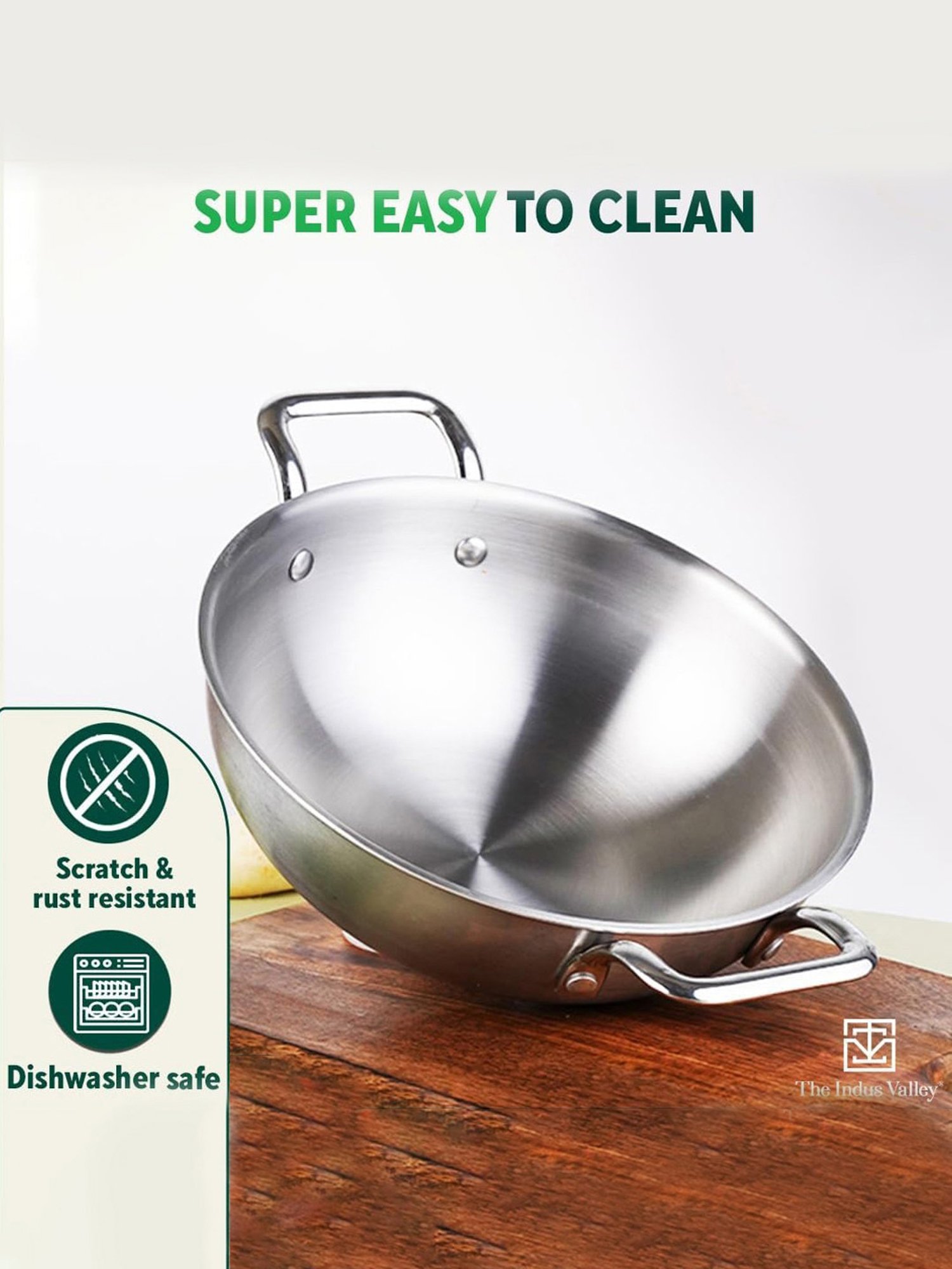 The Indus Valley Silver Stainless Steel Kadhai with Free Wooden Flip (1.7 L)