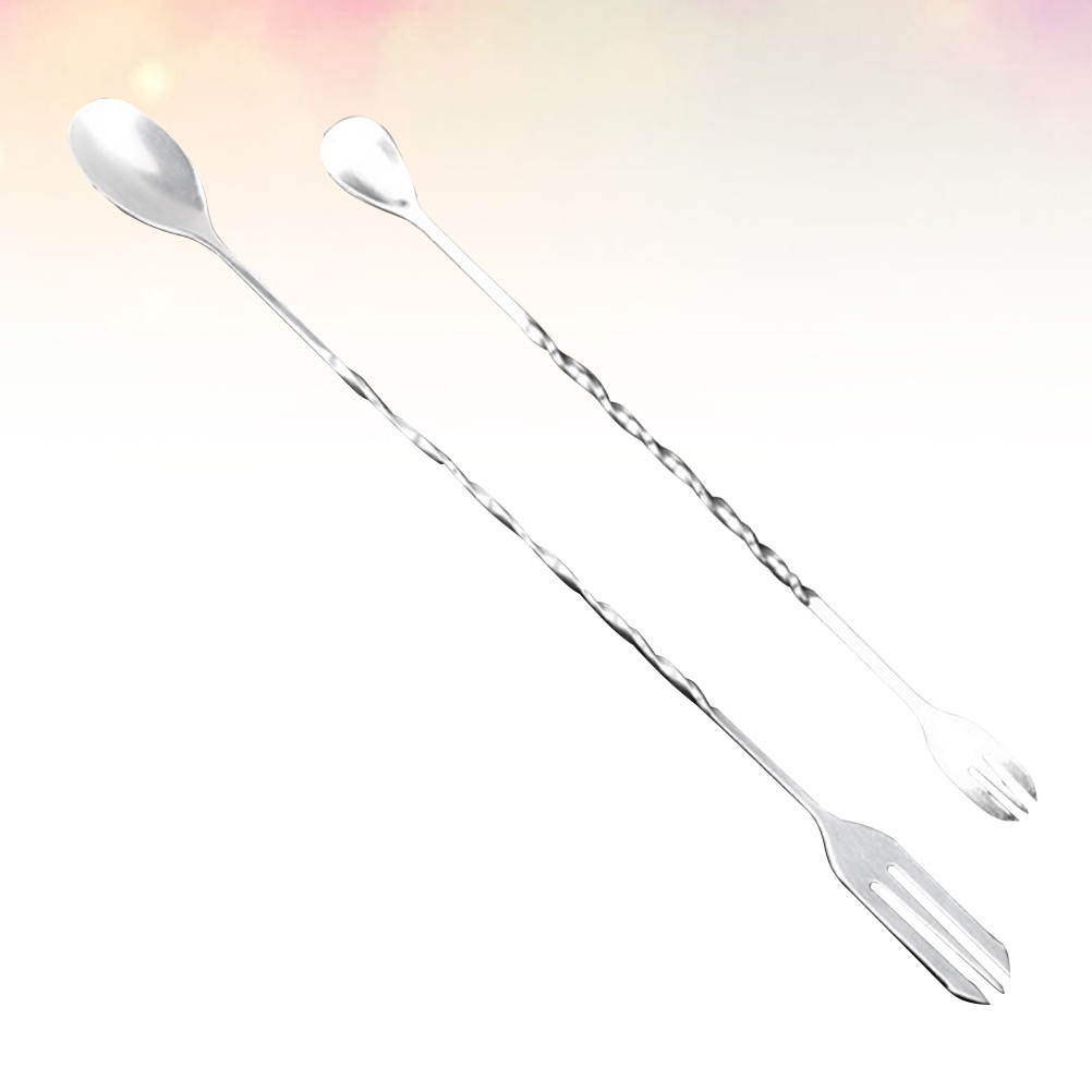 4pcs Wine Stirring Rod Stick Stirrers Ice Fork Dual Head Cocktail Spoons Swizzle Stick for Bar (2pcs Long Handle 32cm + 2pcs Short Handle 25cm Silver)