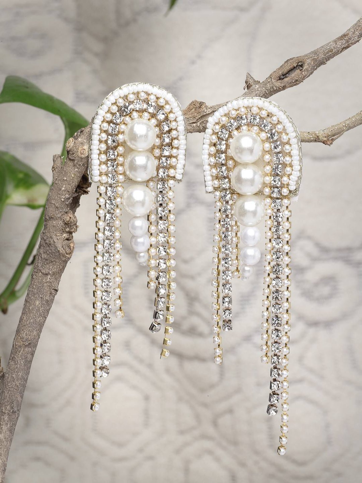 Moedbuille Crystals and Pearls Handcrafted Contemporary Design Tasselled Earrings