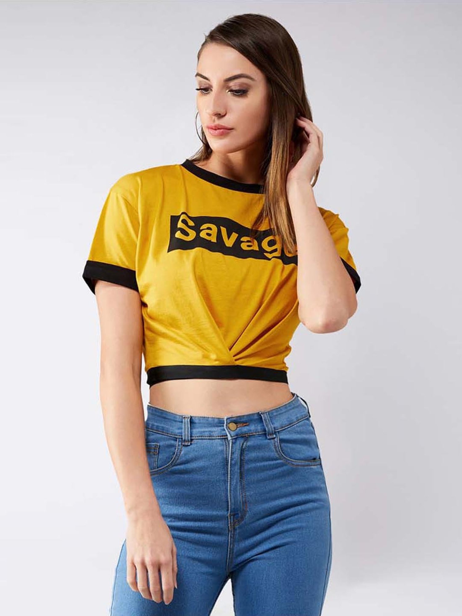 Miss Chase Mustard Cotton Printed Crop Top