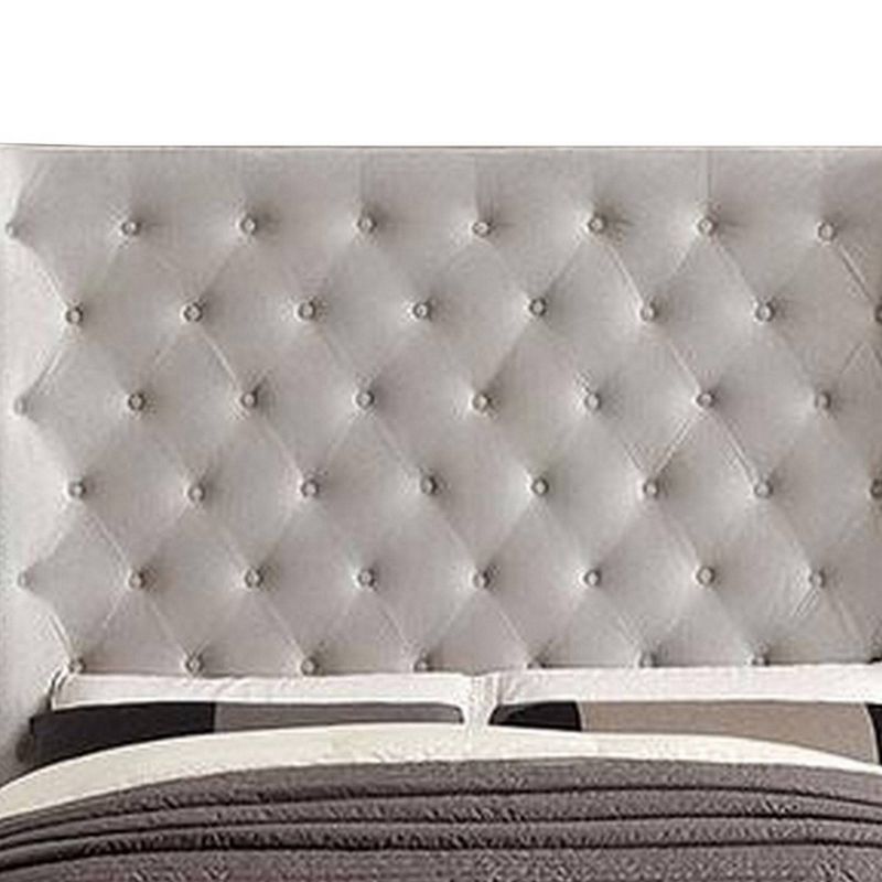 Queen Button Tufted Fabric Upholstered Bed with Nailhead Trim Gray - Benzara