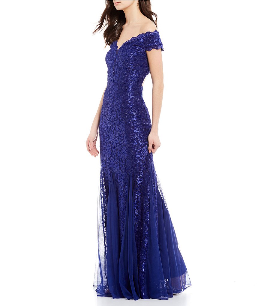 Morgan & Co. Scalloped Off-the-Shoulder Lace Trumpet Long Dress