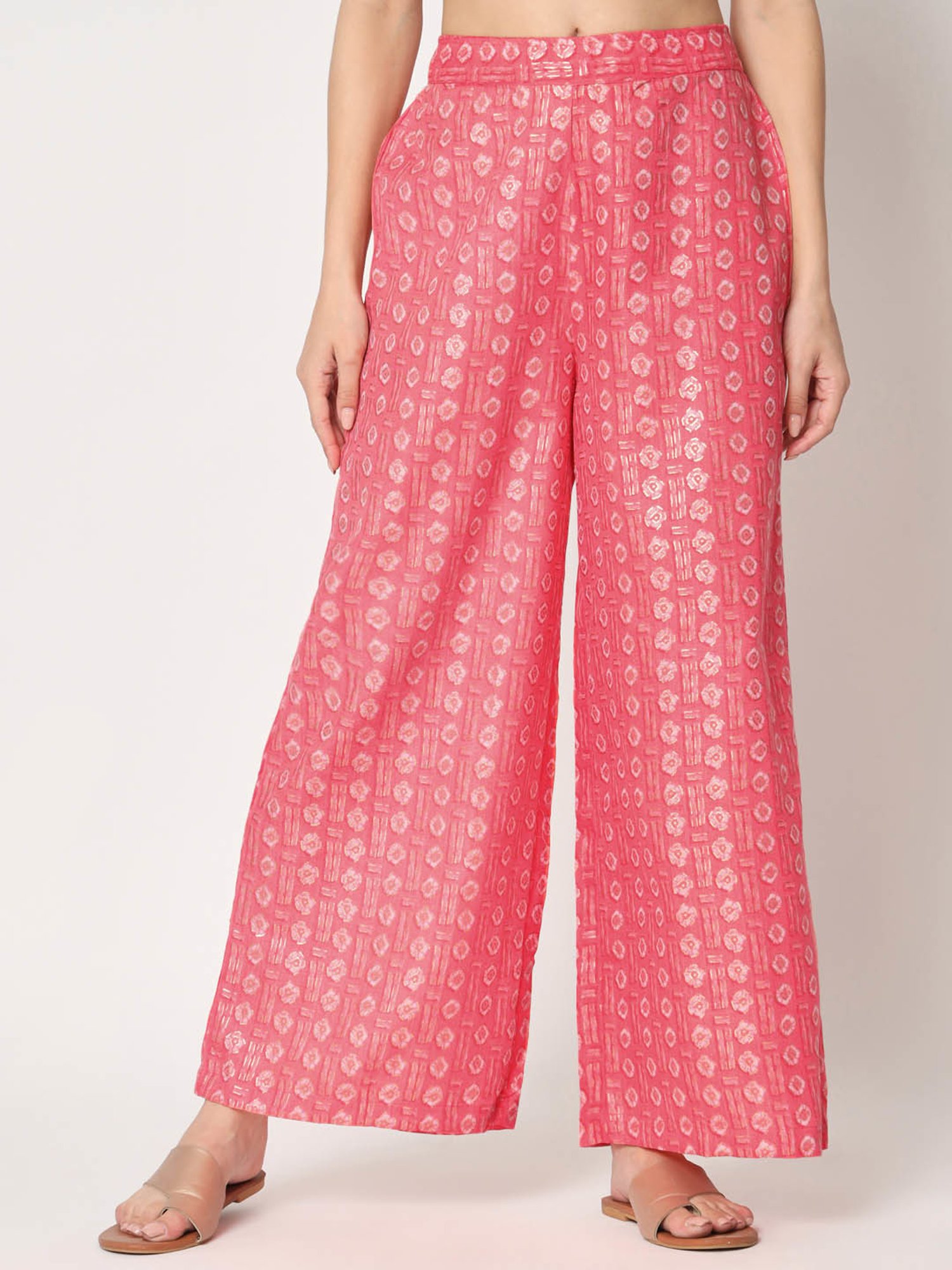 9rasa Pink Cotton Gold Foil Print Palazzos