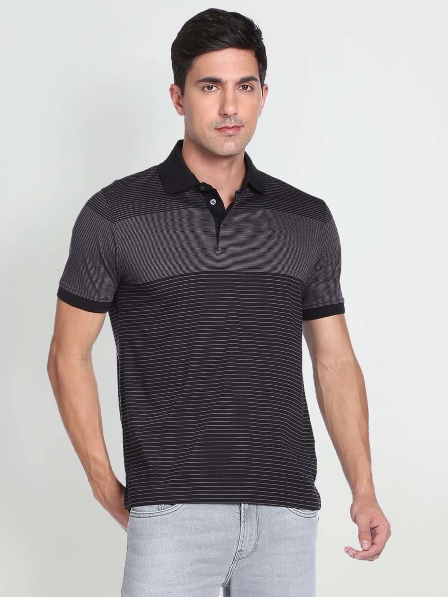 Arrow Black Cotton Regular Fit Striped Polo T-Shirt