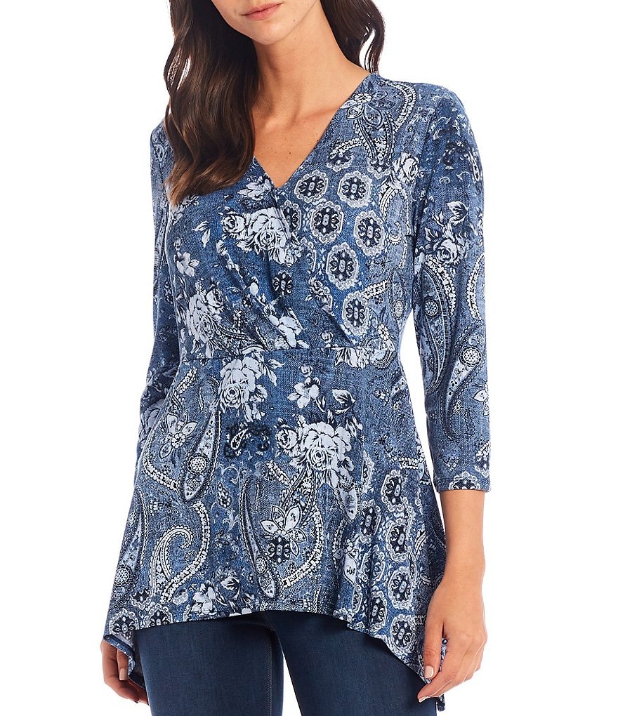 Slim Factor by Investments Patchwork Print 3/4 Sleeve Sharkbite Hem V-Neck Top