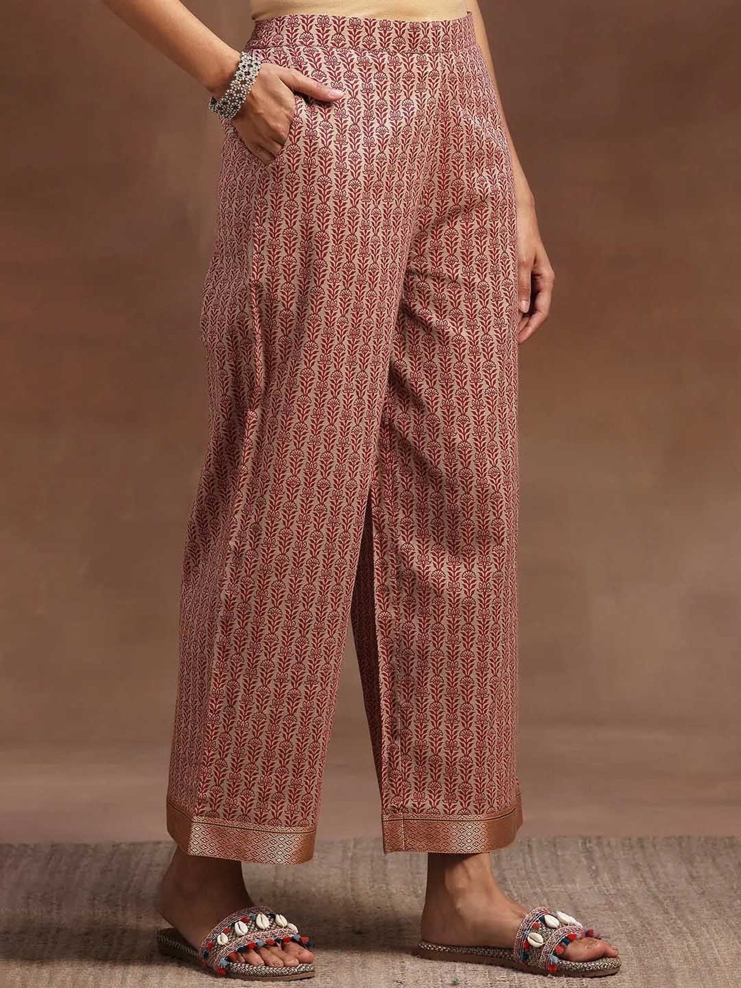 Libas Beige & Marron Floral Print Kurta With Palazzo & Dupatta