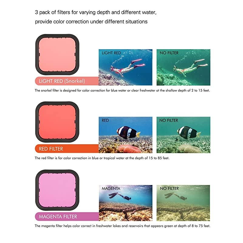 3 Pack Dive Filter for GoPro Hero 5 6 7 Black Super Suit Dive Housing RedLight Red and Magenta Filter Enhances Colors for Various Underwater Video and Photography Conditions
