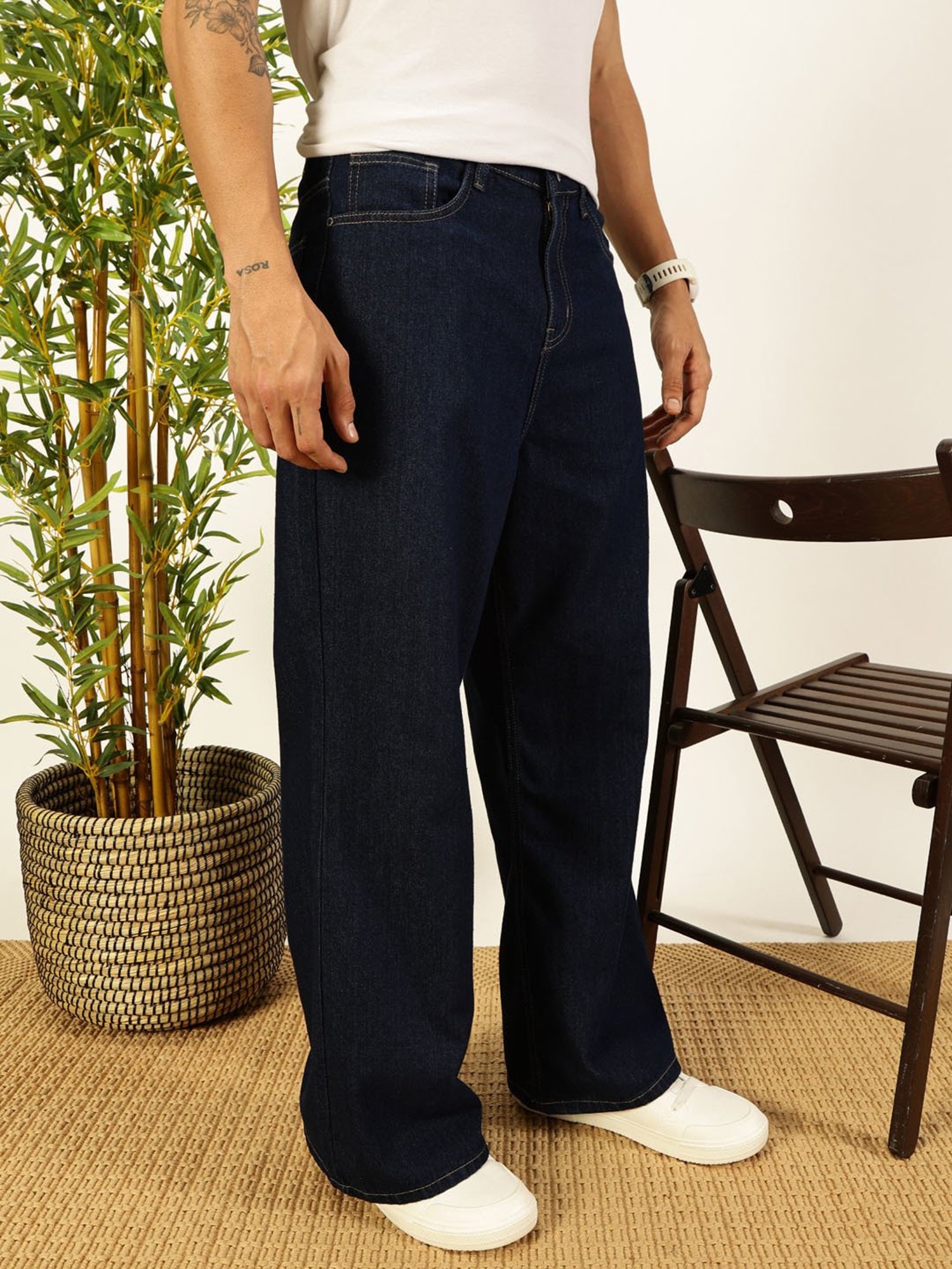 Thomas Scott Dark Blue Cotton Loose fit Solid Jeans