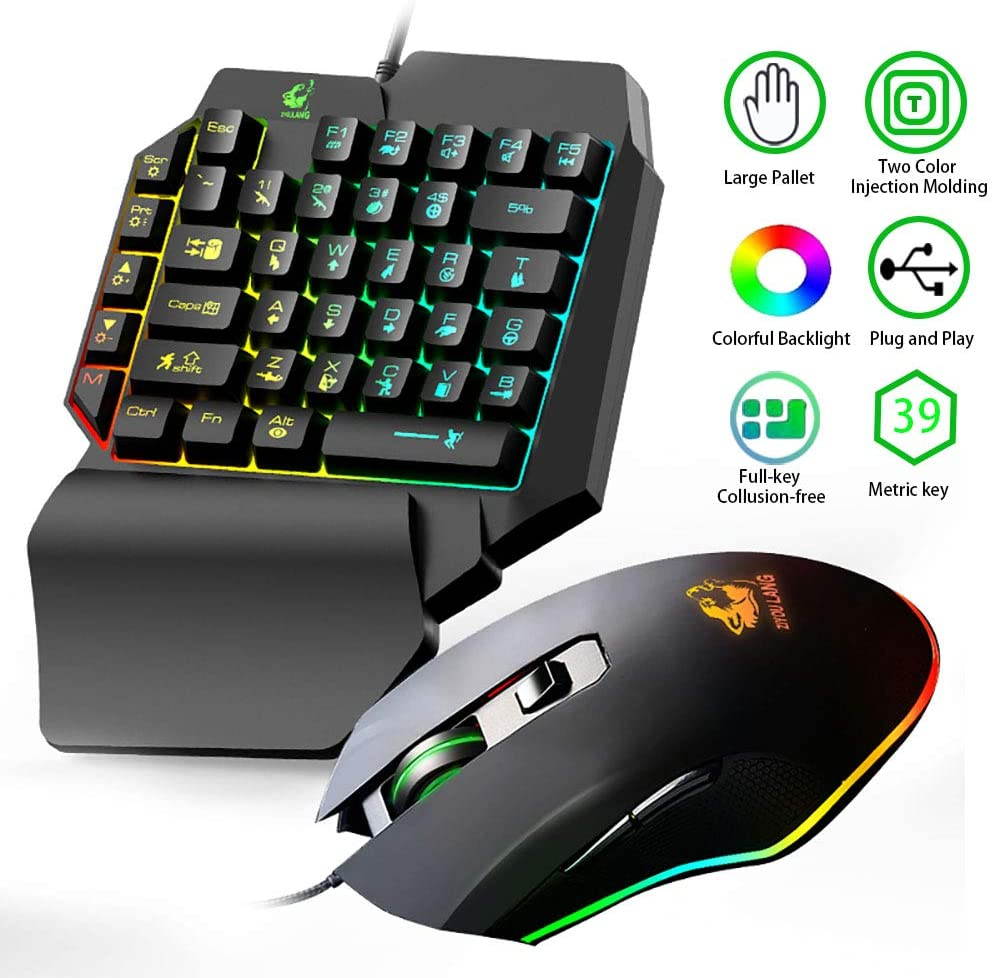 One Hand Gaming Keyboard and Mouse Combo, 39 Keys Wired Mechanical Feel Rainbow Backlit Half Keyboard, Support Wrist Rest, USB Wired Gaming Mouse for LOL/PUBG/Wow/Dota/OW/Fps Game