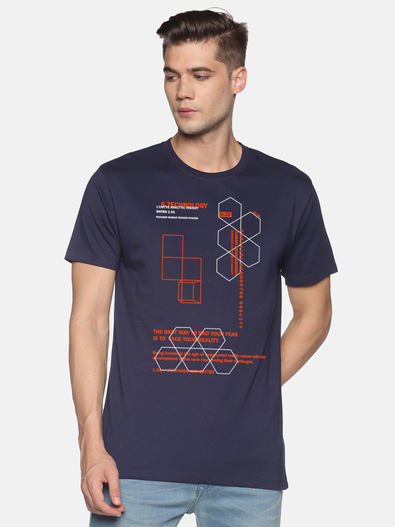 BLACK RADIO Navy Slim Fit Printed Cotton Crew T-Shirt