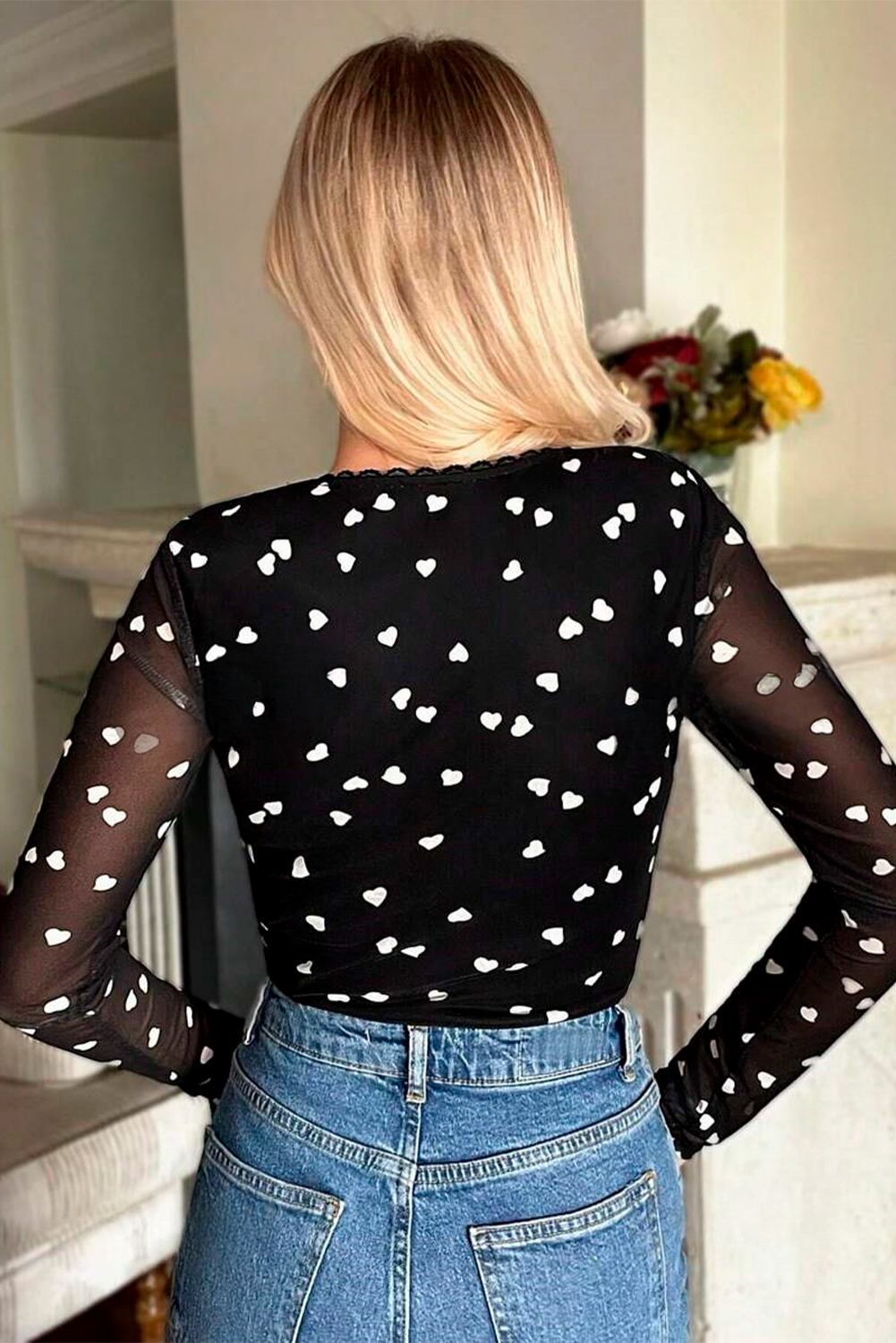 Rose Red Rhinestone Mesh Long Sleeve Bodysuit