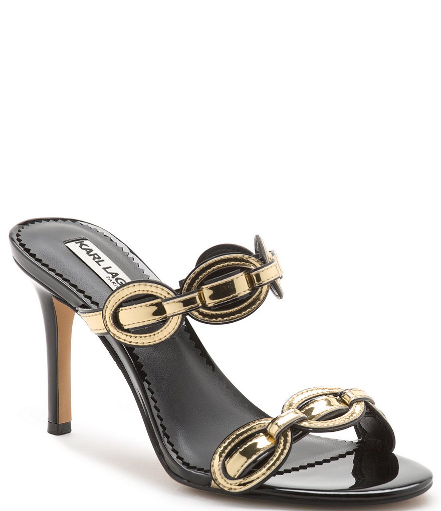 KARL LAGERFELD PARIS Dalya Patent Metallic Chain Detail Dress Slide Sandals