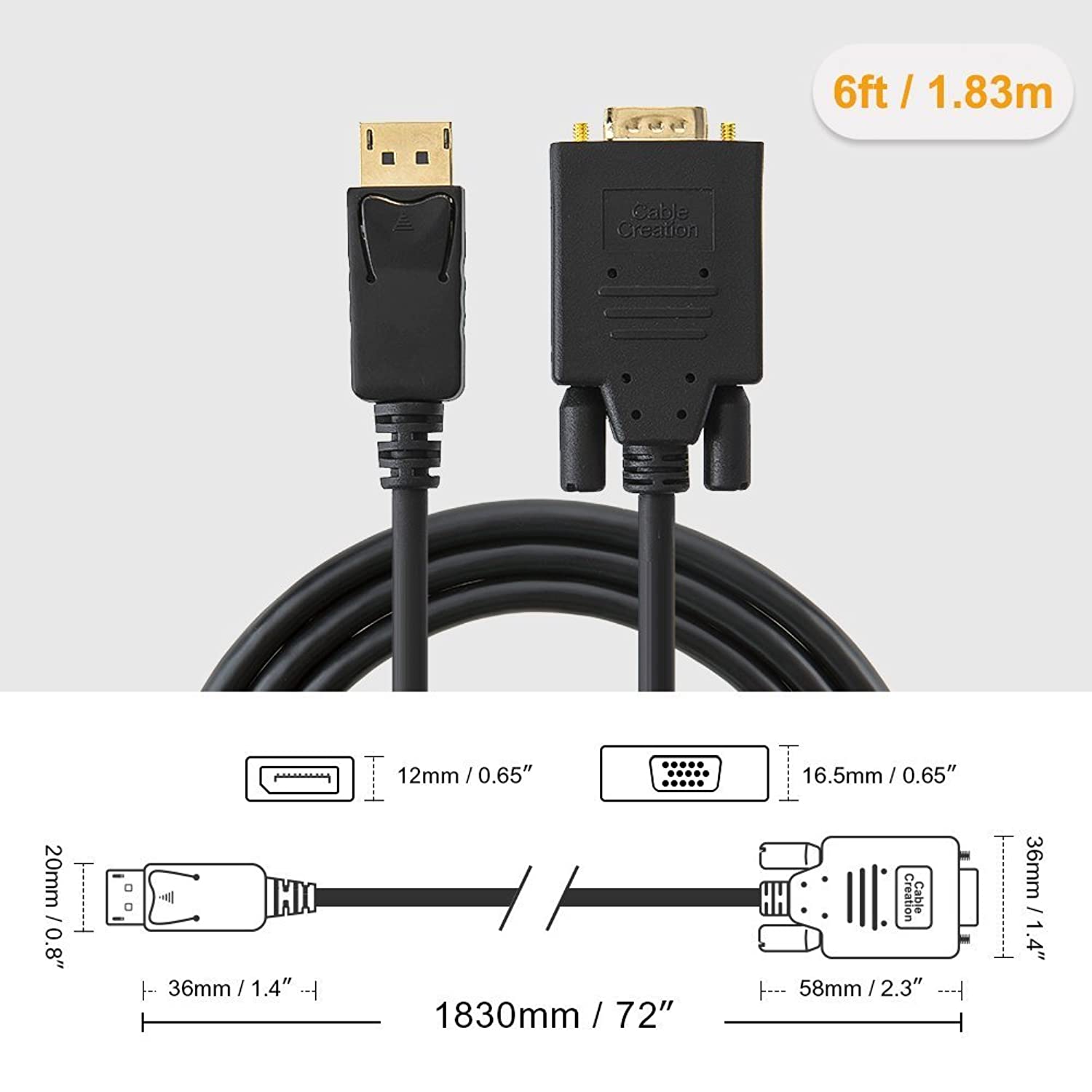DP to VGA Cable 6ft, [2-Pack] CableCreation DisplayPort to VGA Cable Gold Plated, DP Male to VGA Male Cable, Black