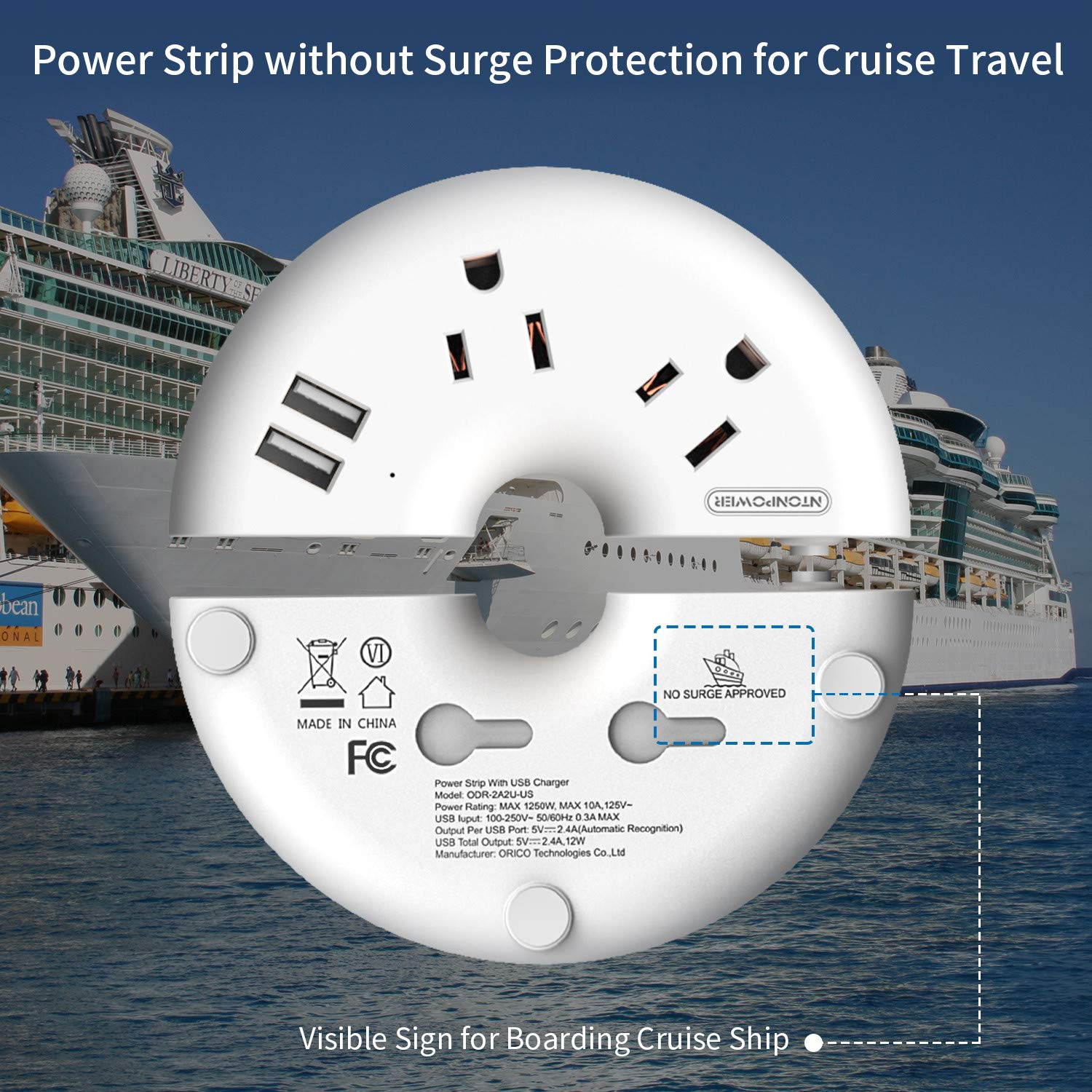 Power Strip Long Cord, with USB/Flat Plug/ 10ft Extension Cord, Mountable Portable Non Surge Protector for Home and Travel, 2 AC Outlets Semicircle - White